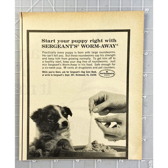 Sergeant's Worm-Away "Start you puppy right" Vintage Print Ad 1967 - Picture 2 of 3